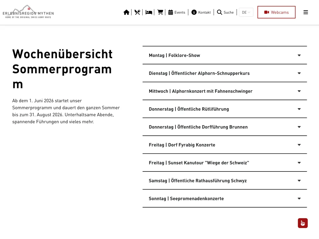 Website der Erlebnisregion Mythen: Wochenübersicht des Sommerprogramms