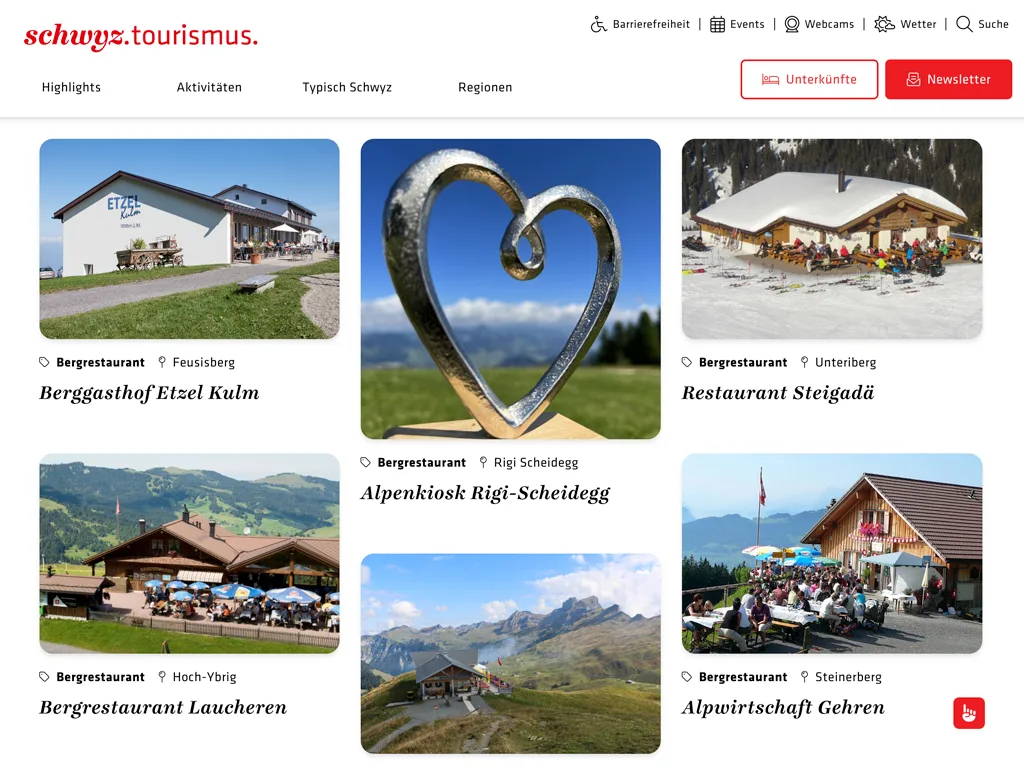 Website von Schwyz Tourismus: Übersicht der Bergrestaurants als Kachel-Modul