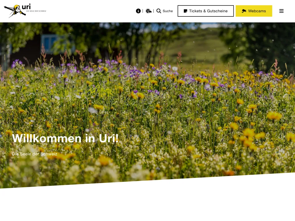 Website von Uri Tourismus: Startseite «Willkommen in Uri!» im Erscheinungsbild der Destination