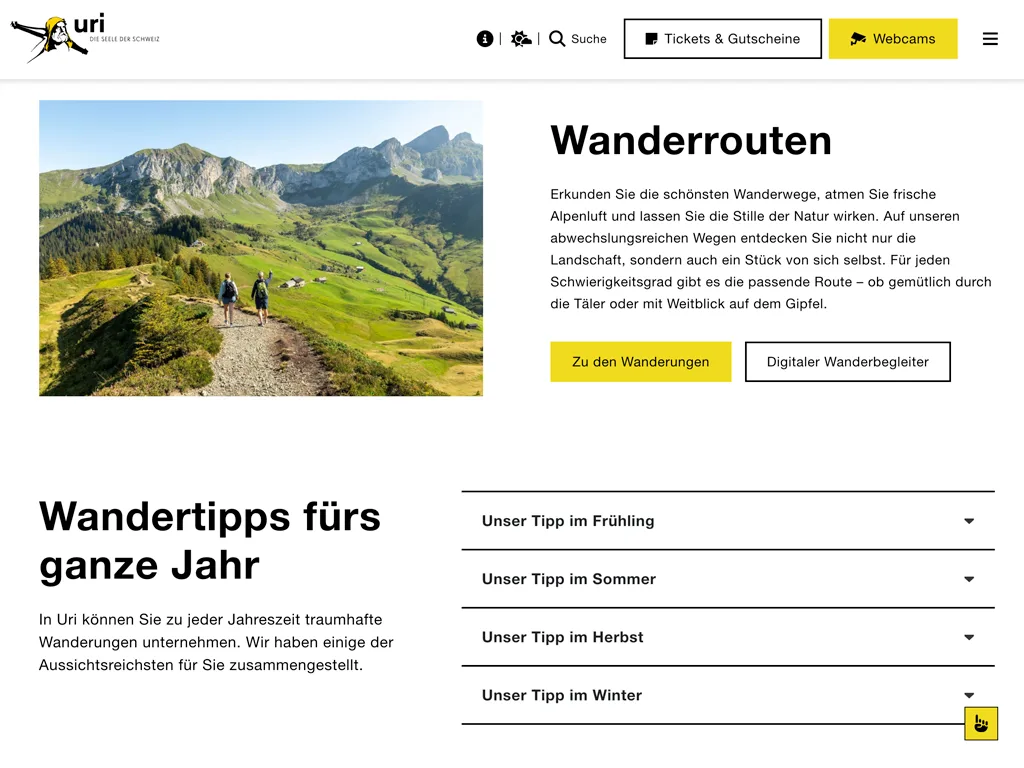 Website von Uri Tourismus: Seite «Wanderrouten» mit Wandertipps für jede Jahreszeit